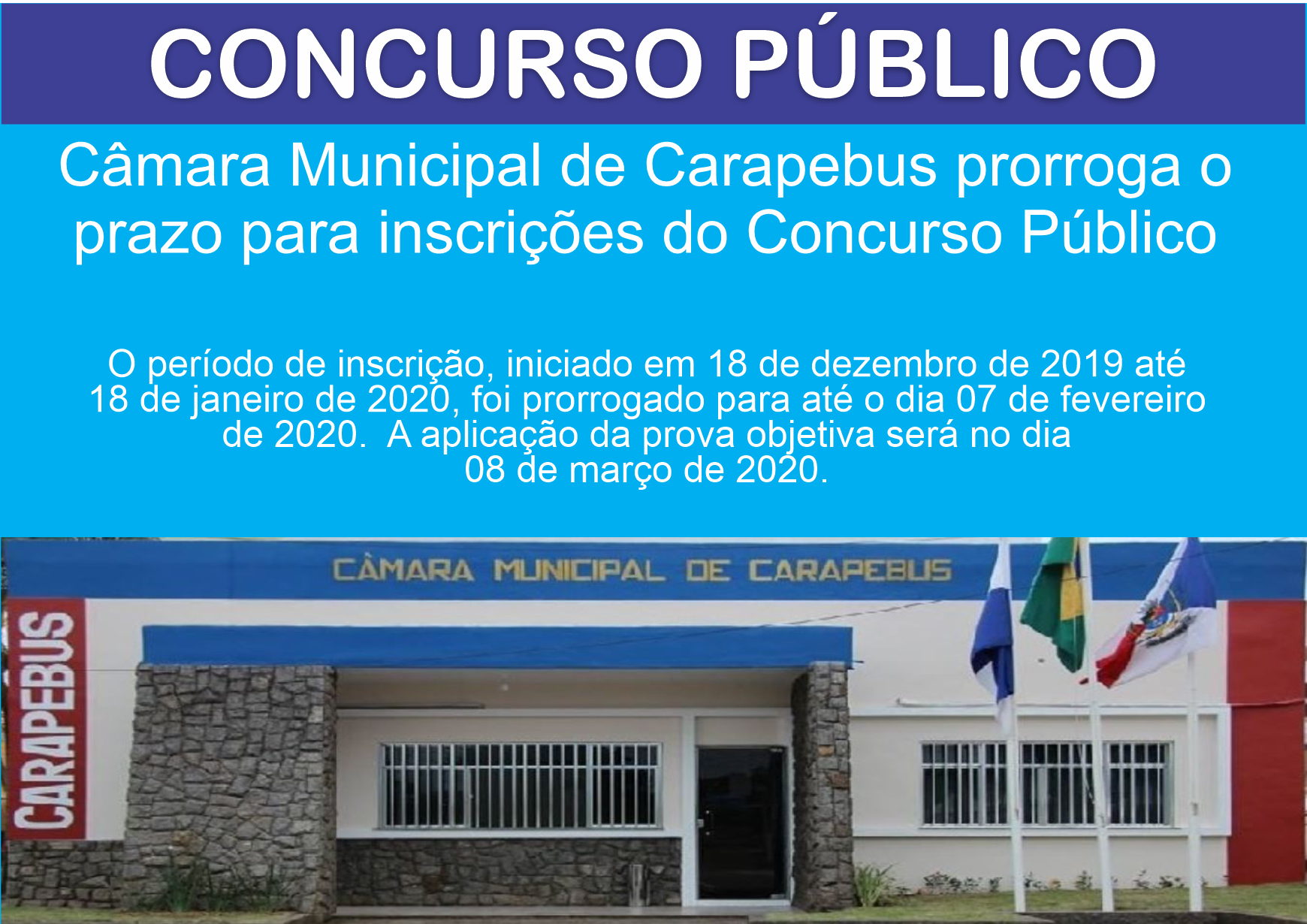 Câmara Municipal de Carapebus prorroga o prazo para inscrições do Concurso Público 