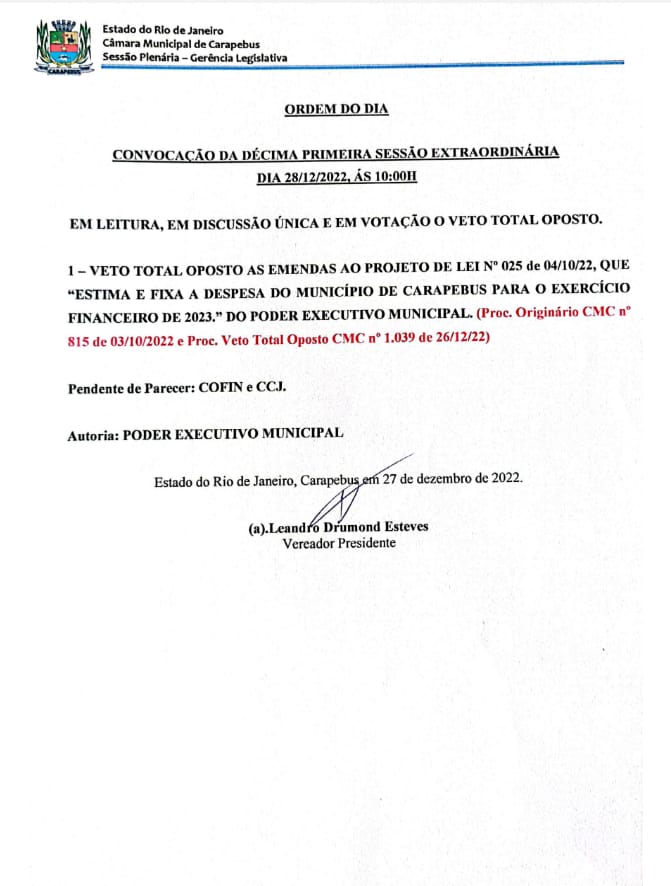 Convocação 11° Sessão Extraordinária 28/12/2022