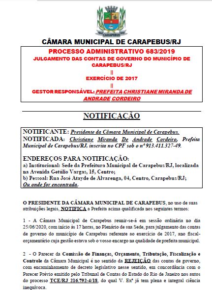 NOTIFICAÇÃO DA PREFEITA - SESSÃO DE JULGAMENTO